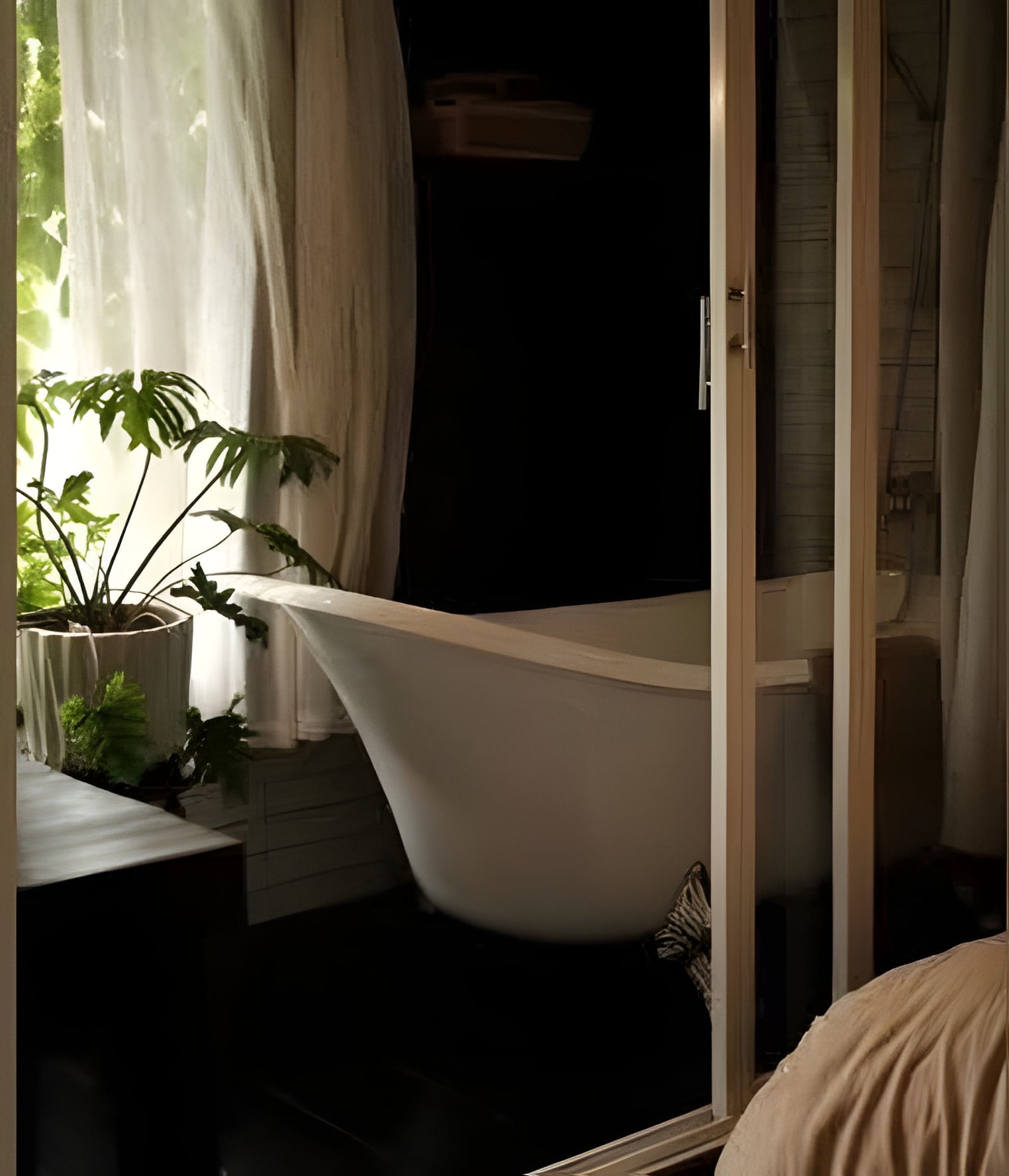 Bồn tắm nhìn qua cửa kính từ phía giường